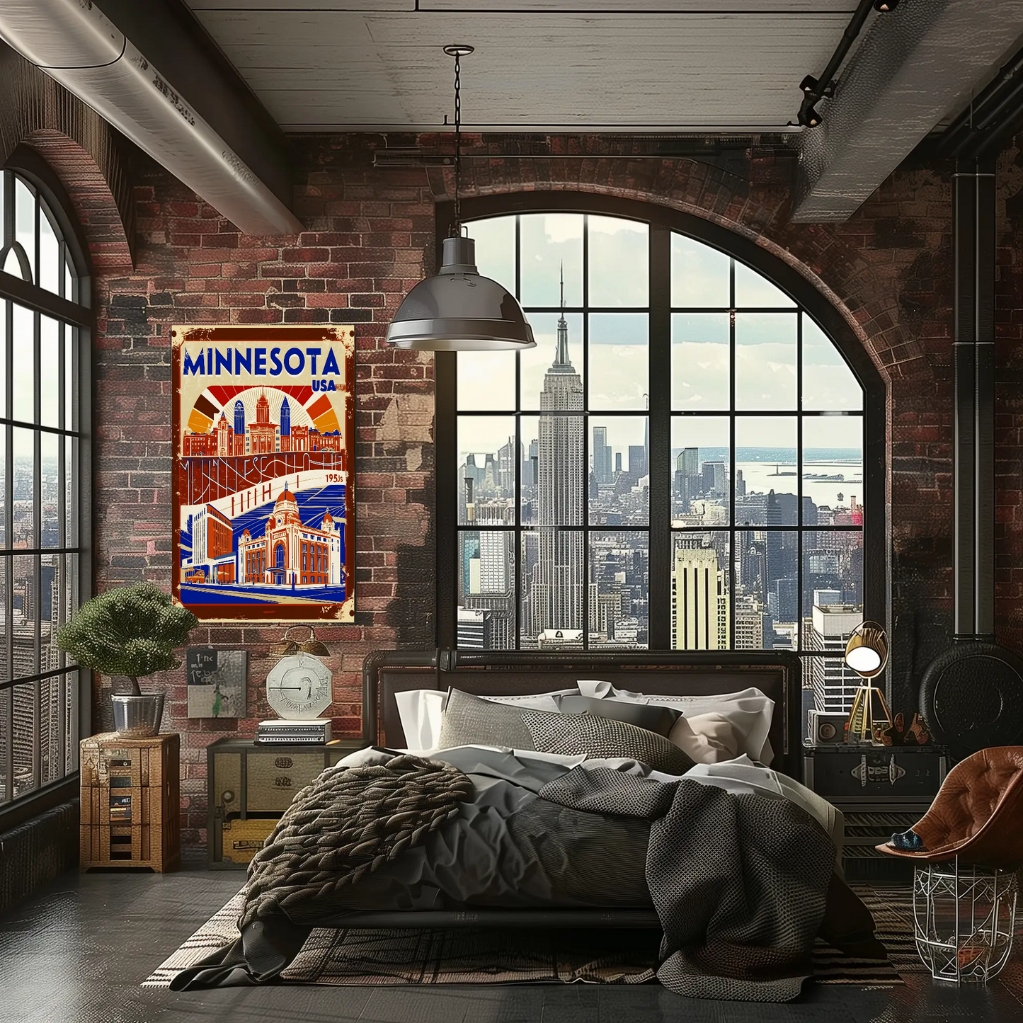 Minnesota USA 1950s Civic Skyline Vintage Travel Poster
