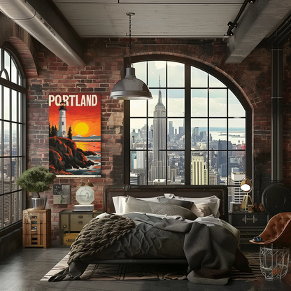 Portland Vintage Poster - Lighthouse at Sunset