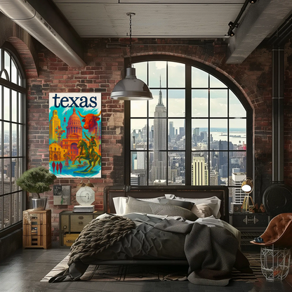 Texas Capitol Cowboy Longhorn Windmill History Vintage Travel Poster