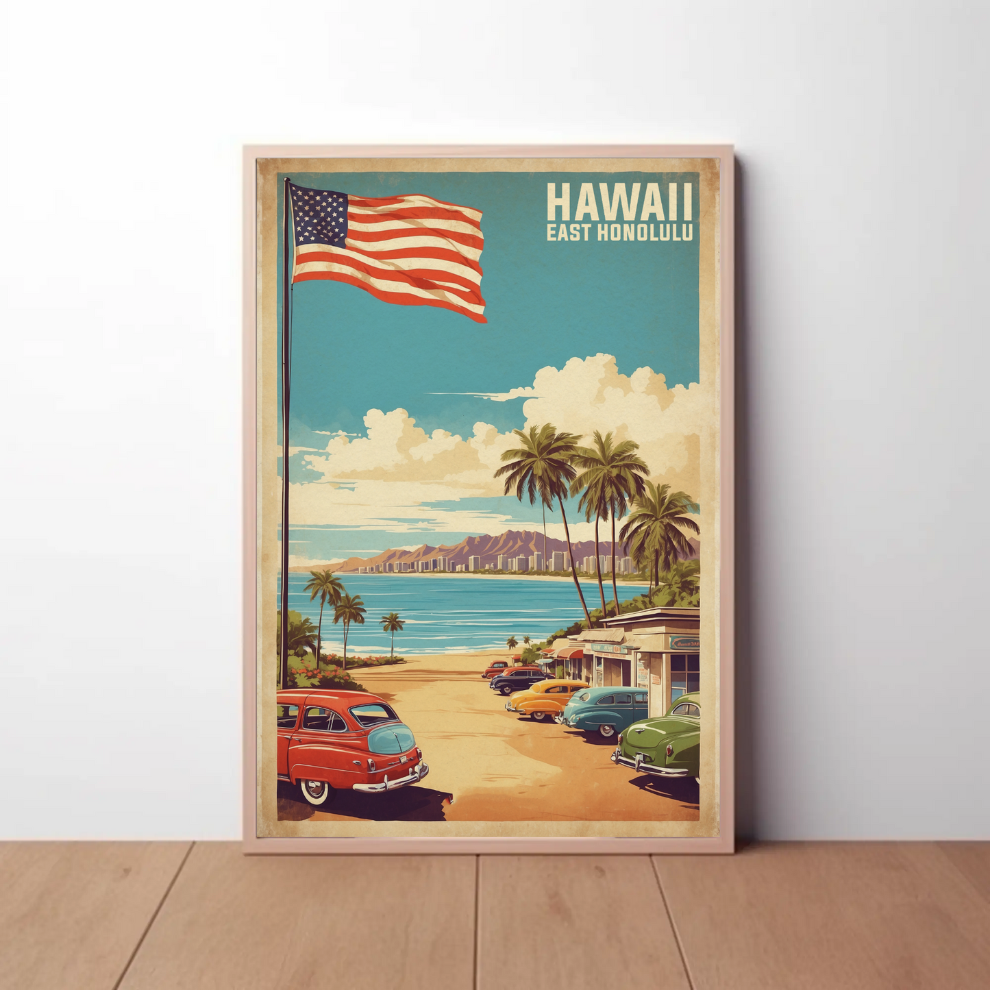 East Honolulu Hawaii Retro Beachside Vintage Travel Poster