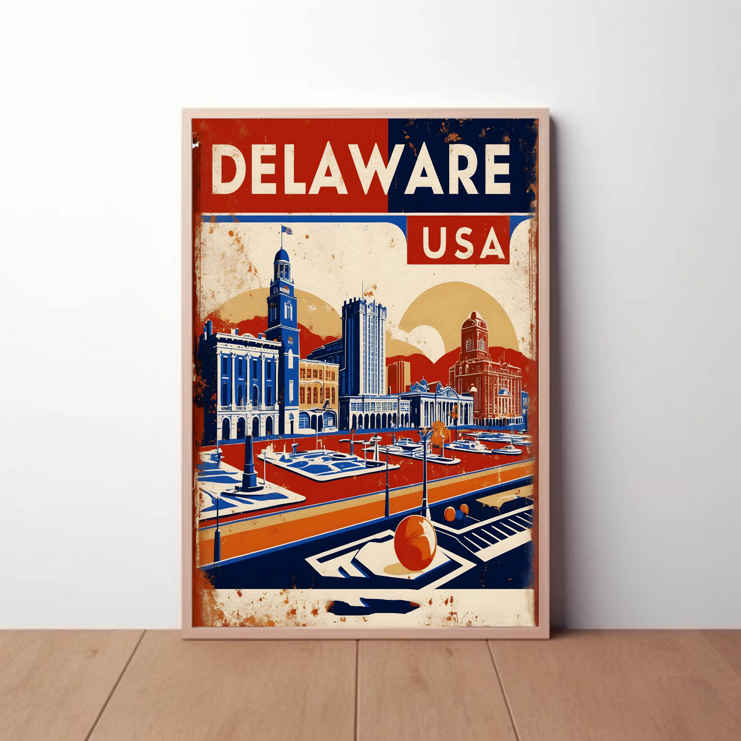 Delaware Waterfront Skyline Retro USA Vintage Maroon Travel Poster