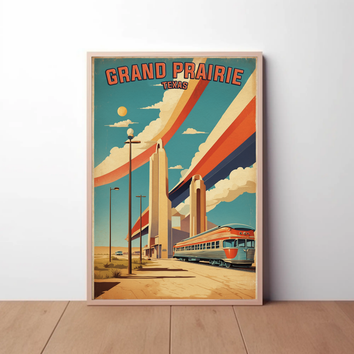 Grand Prairie Texas Train Towers Streamline Vintage Travel Poster