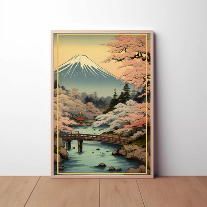 Mount Fuji Cherry Blossoms Spring Japan Vintage Travel Poster