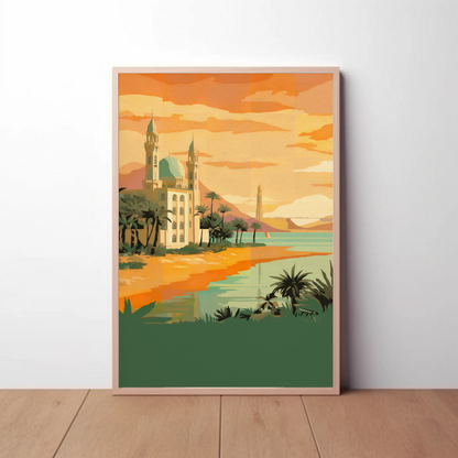 Golden Mosque By The Sunset Vintage Travel Poster