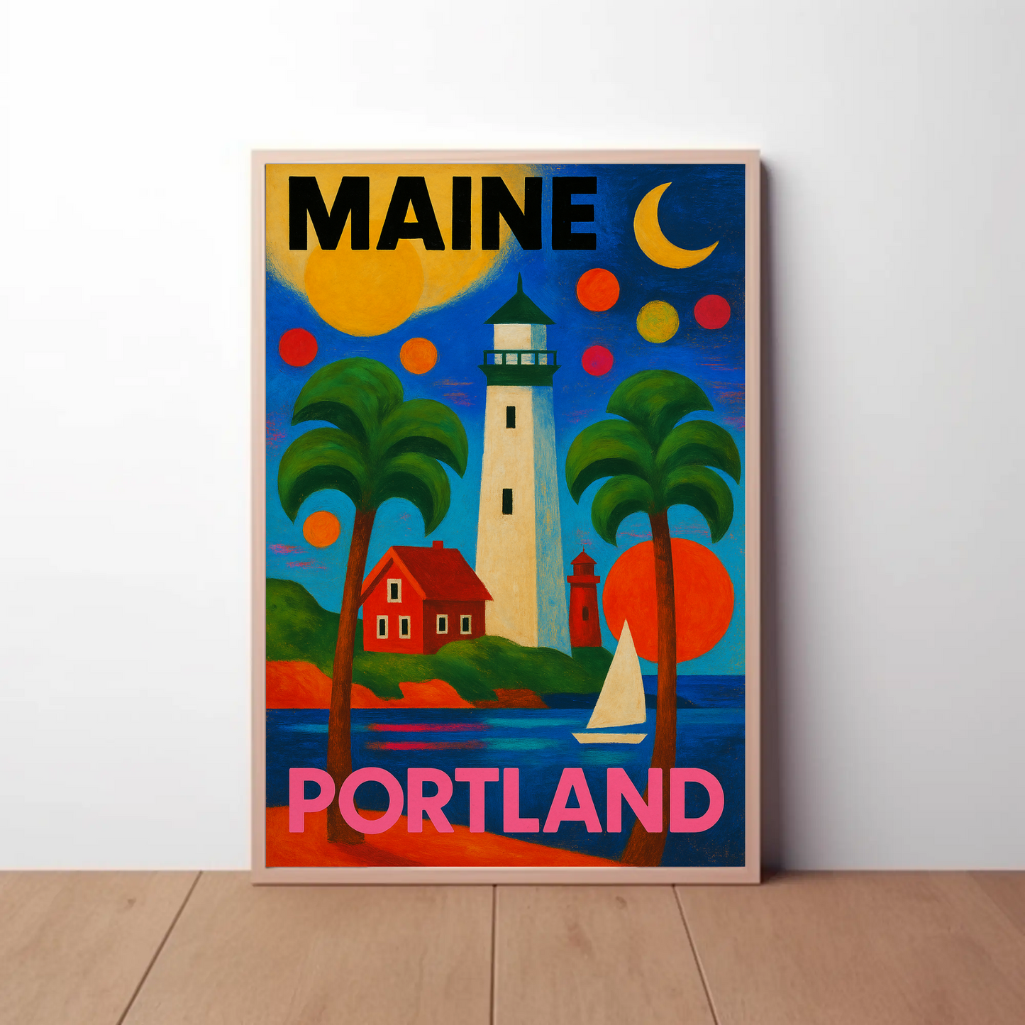 Maine Portland Lighthouse Sailboats Palms Vintage Travel Poster