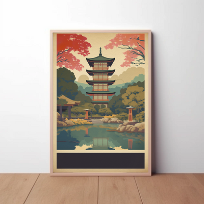 Japan Reflection Pagoda Lake Autumn Vintage Travel Poster