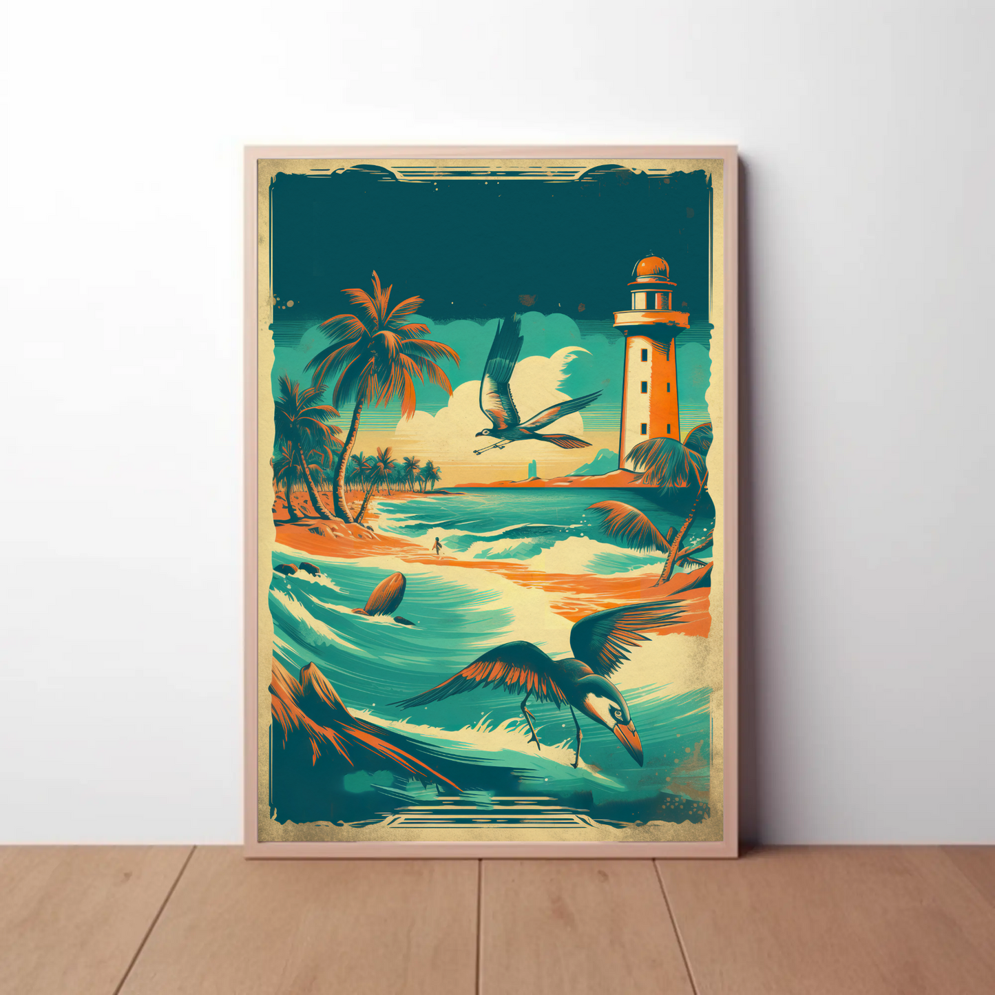 Tropical Coast Lighthouse Ocean Birds Vintage Travel Poster