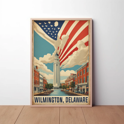 Wilmington Delaware Tower And Flag Streetscape Vintage Travel Poster