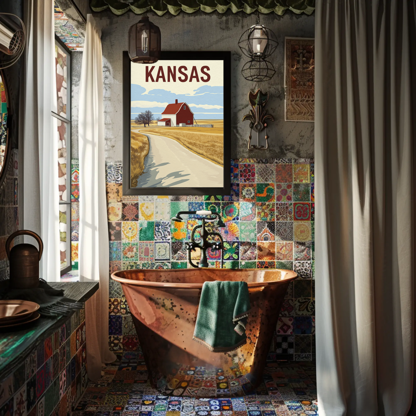 Kansas Barn Roadscape Vintage Poster