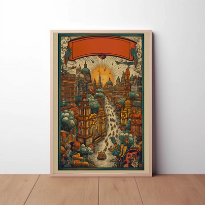 Fantasy River City Sunset Skyline Vintage Travel Poster
