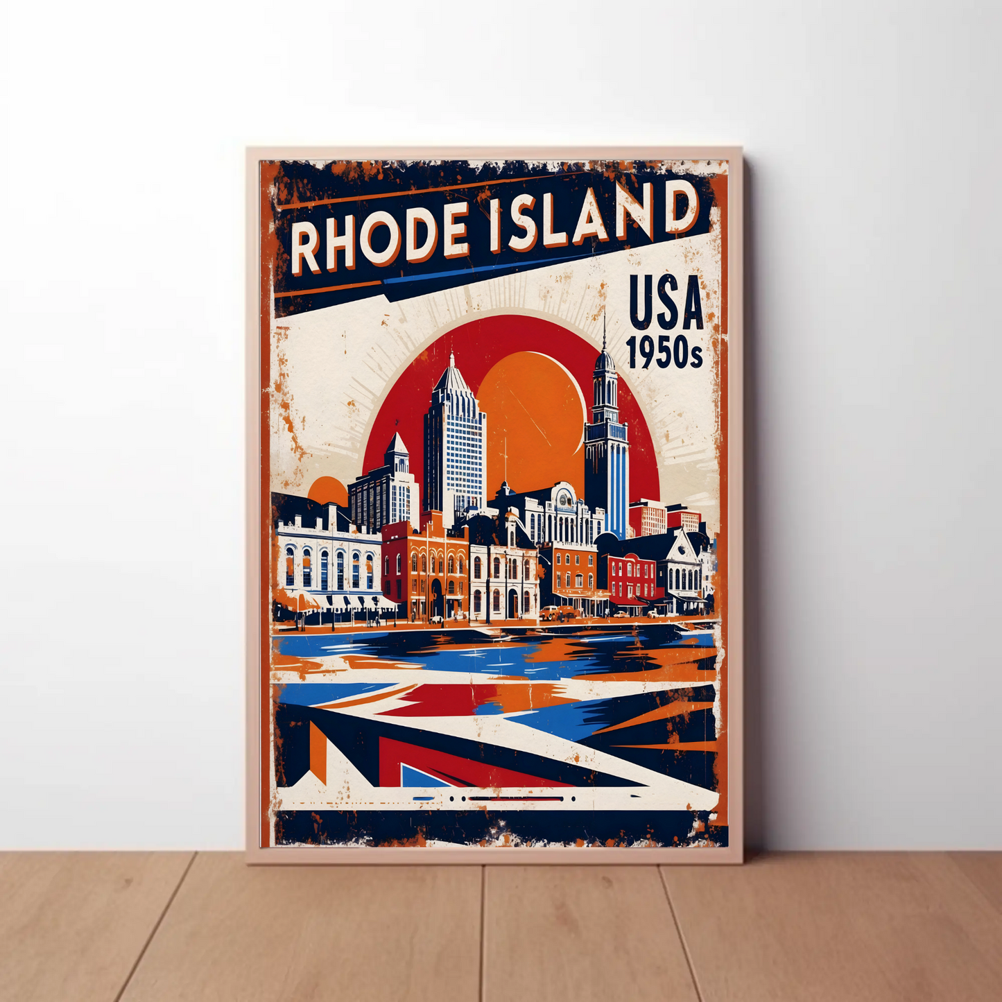 Rhode Island USA 1950s Waterfront Skyline Vintage Travel Poster