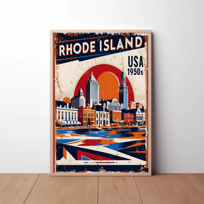 Rhode Island USA 1950s Waterfront Skyline Vintage Travel Poster