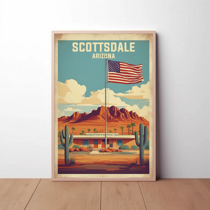 Scottsdale Arizona Desert Flag Cactus Vintage Travel Poster