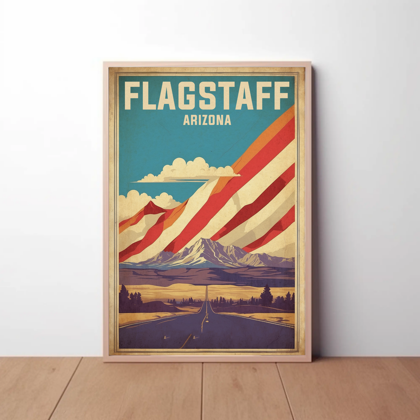 Flagstaff Arizona Mountains Roadscape Vintage Travel Poster