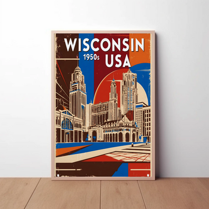 Wisconsin USA 1950s Urban Skyline Vintage Travel Poster