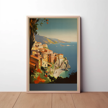 Italy Coastal Village Cliffs Blue Sea Vintage Travel Poster
