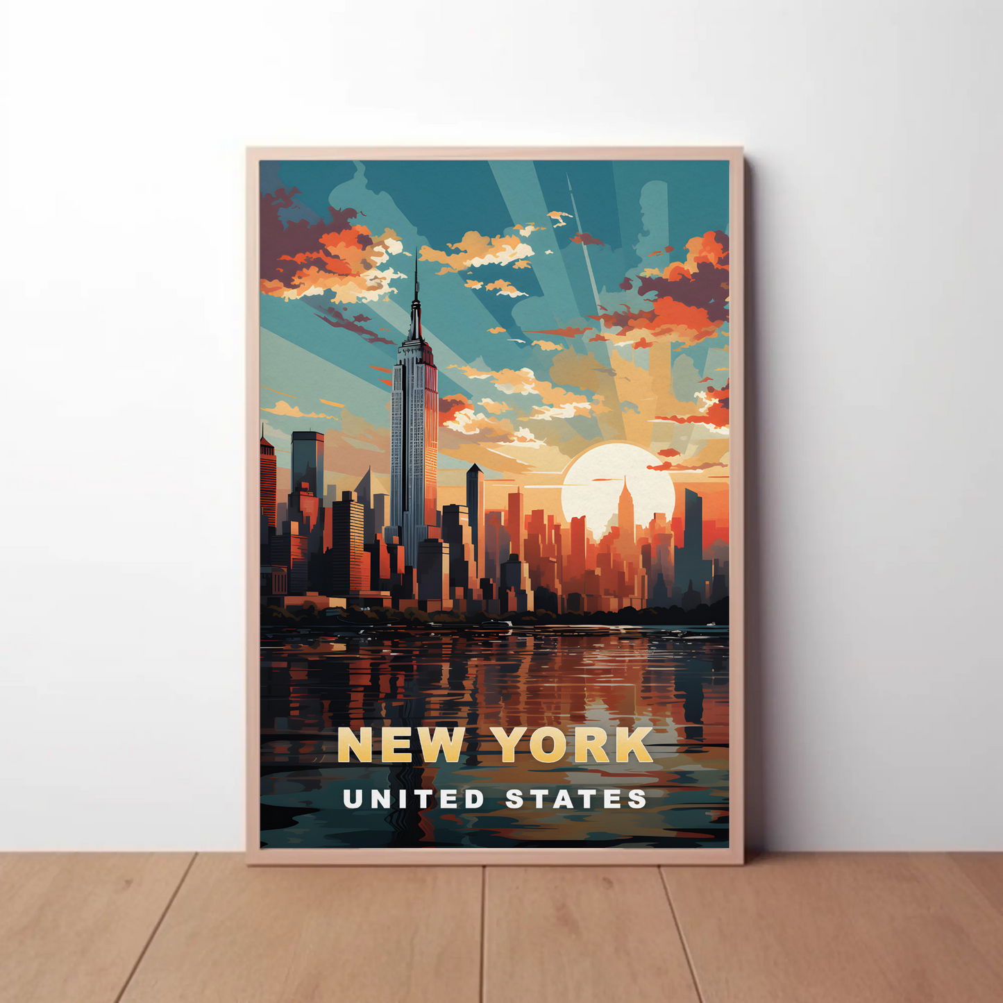 New York City Empire Sunset Reflection Vintage Travel Poster
