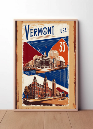 Vermont USA Historic Red Brick Skyline Travel Poster