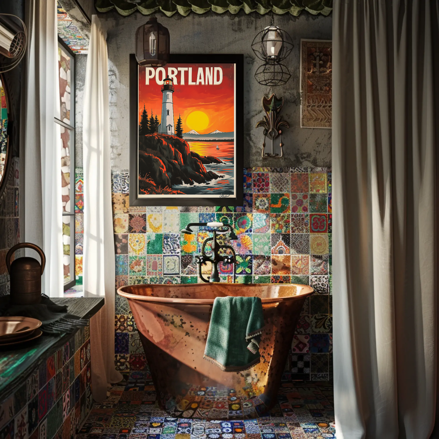 Portland Vintage Poster - Lighthouse at Sunset