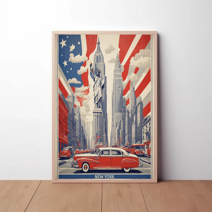 New York Statue Liberty Skyline Vintage Travel Poster