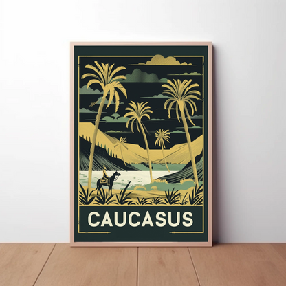 Caucasus Desert Palms Camel Rider Landscape Vintage Travel Poster