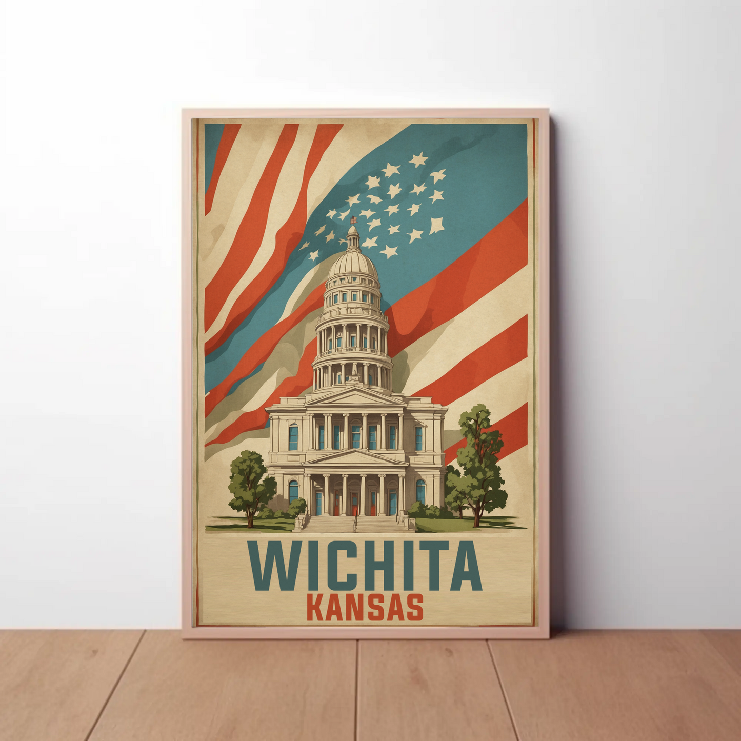 Wichita Kansas State Capitol And Flag Vintage Travel Poster