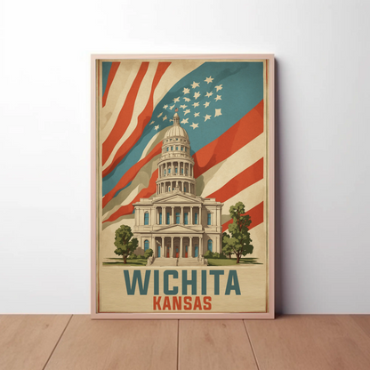 Wichita Kansas State Capitol And Flag Vintage Travel Poster