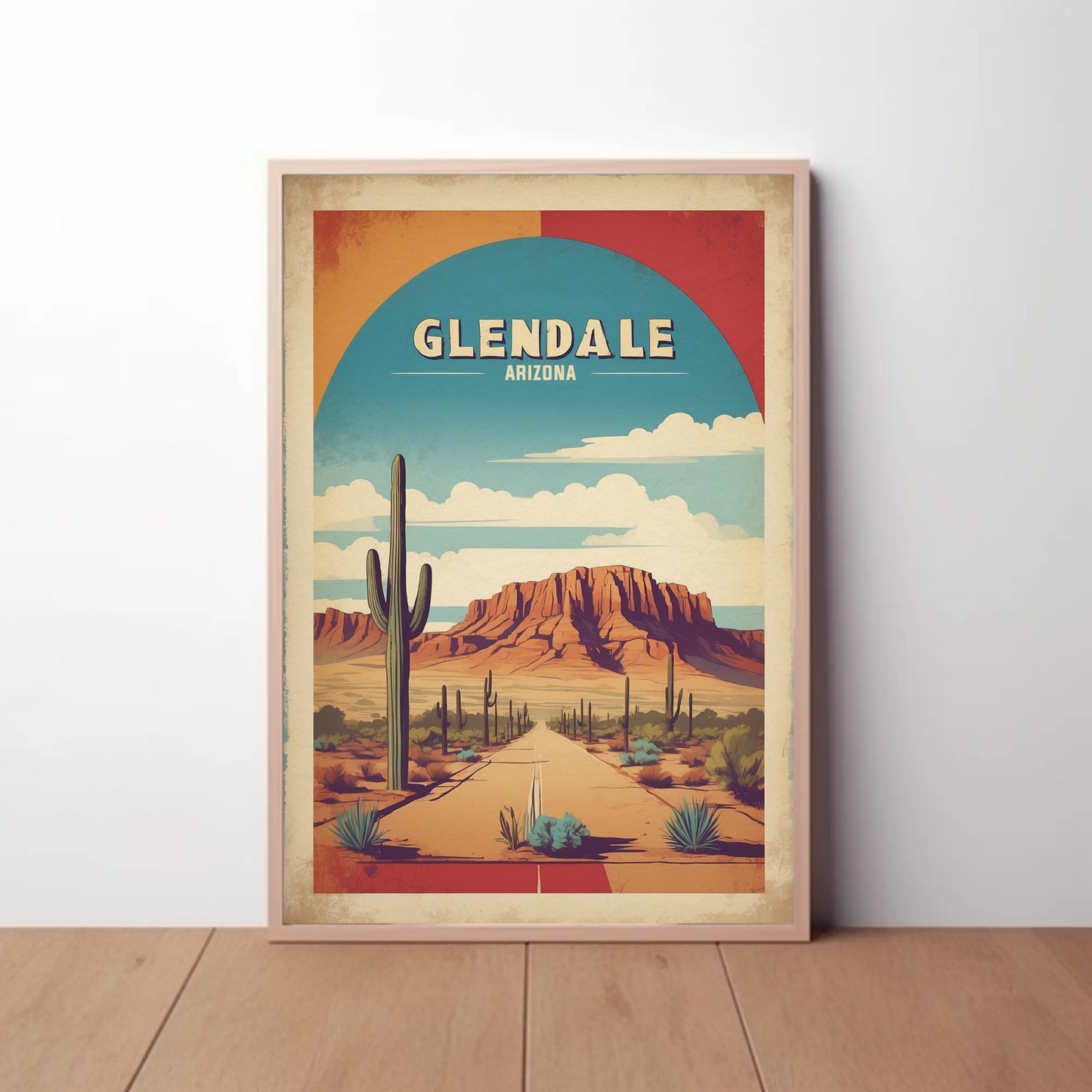 Glendale Arizona Cactus Roadscape Mesa Vintage Travel Poster