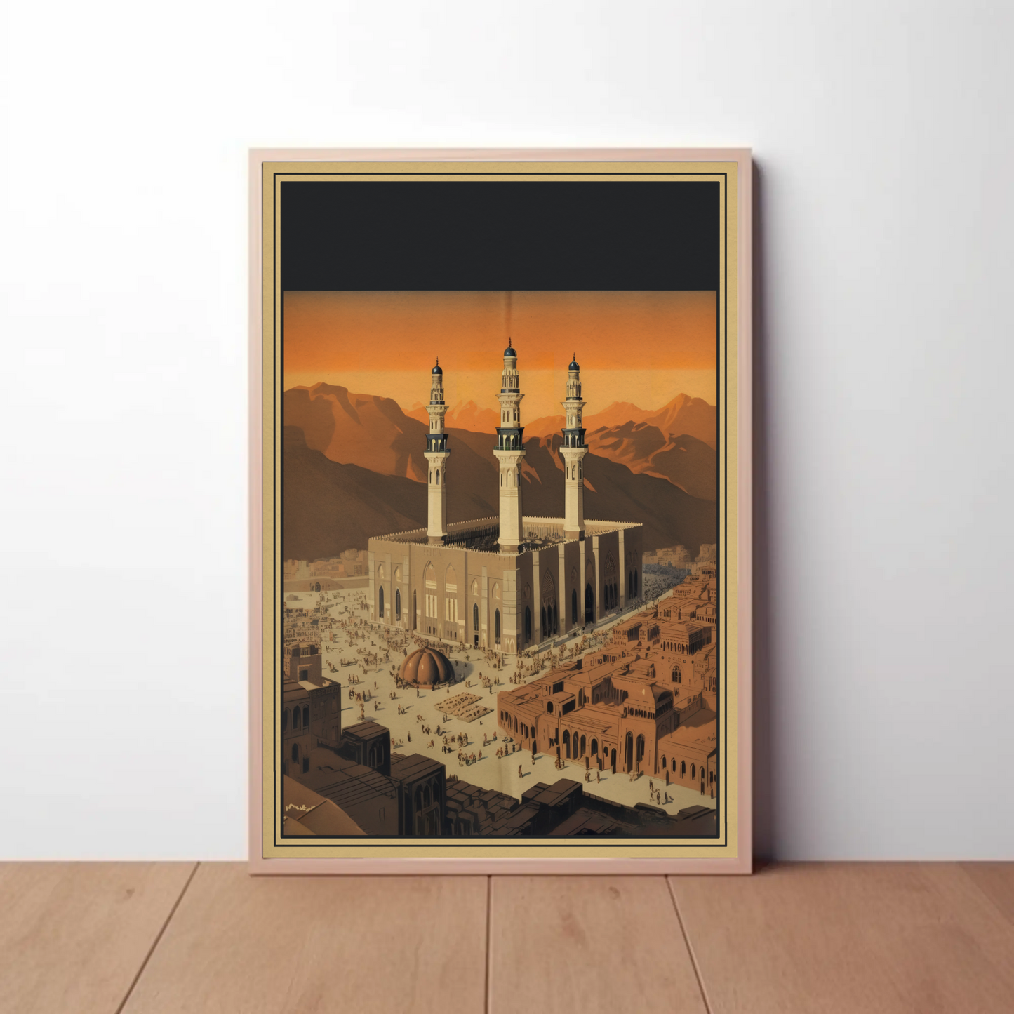 Three Minaret Mosque Mountainside Vintage Travel Poster