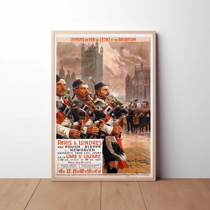 Paris To London Highland Band Vintage Travel Poster