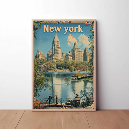 New York Central Park Skyline Lake Vintage Travel Poster