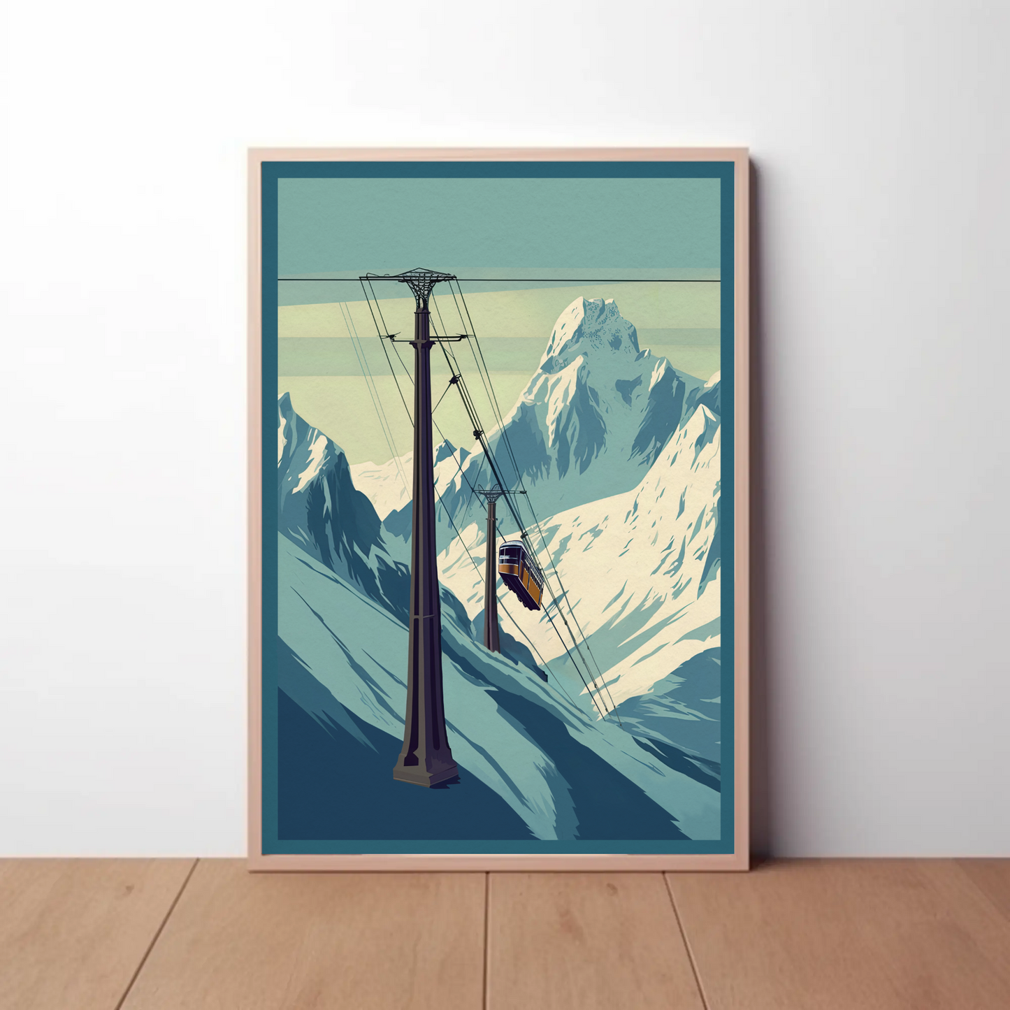 Ski Lift Across Winter Mountain Range Vintage Travel Poster