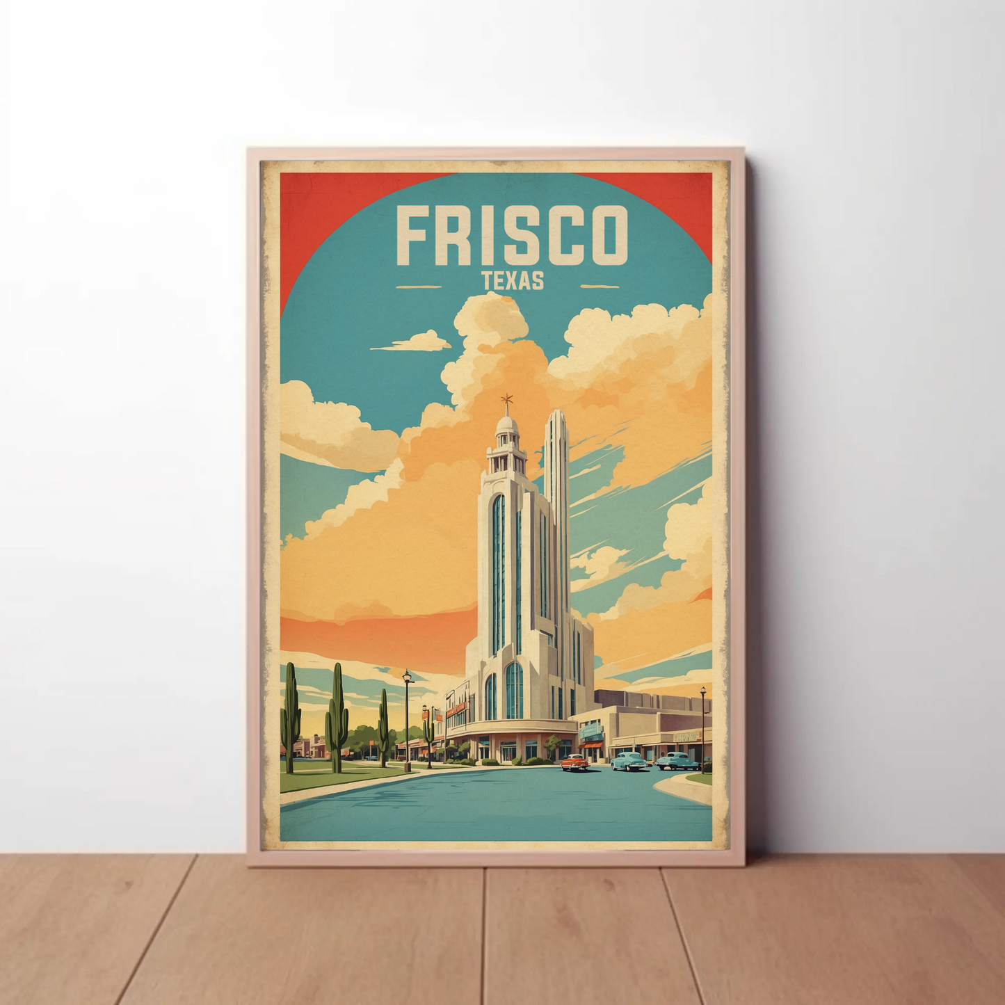 Frisco Texas Modern Tower Sunset Street Vintage Travel Poster