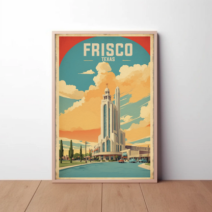 Frisco Texas Modern Tower Sunset Street Vintage Travel Poster
