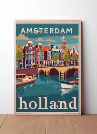 Amsterdam Holland Autumn Canal Houses Vintage Travel Poster