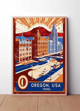 Oregon USA 1950s Coastal Cityscape Vintage Travel Poster