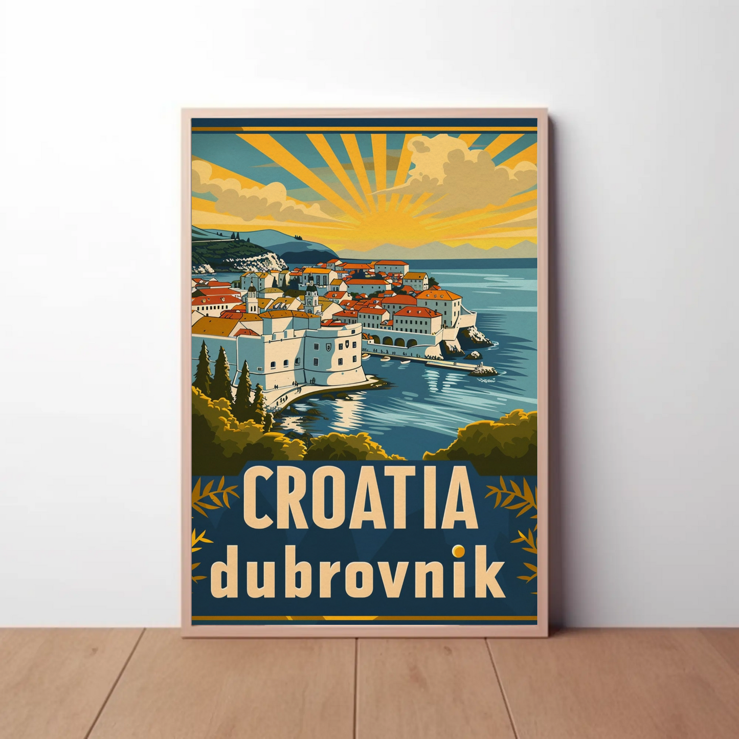 Croatia Dubrovnik Sunset Coastline Vintage Travel Poster