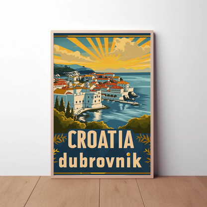 Croatia Dubrovnik Sunset Coastline Vintage Travel Poster