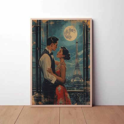 Romantic Couple Eiffel Tower Paris Moonlight Vintage Travel Poster