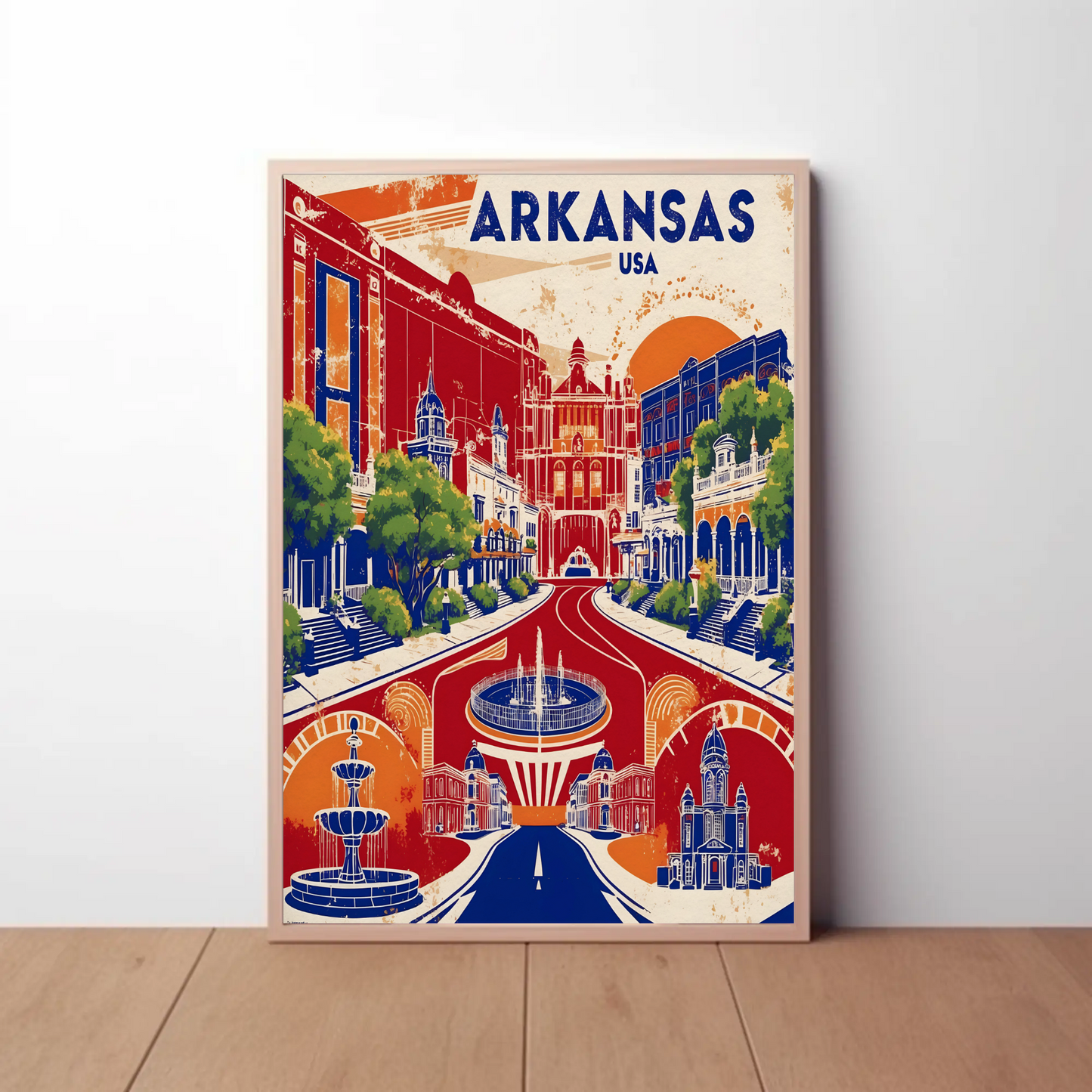 Arkansas Grand Street Circle Vintage Maroon Travel Poster USA