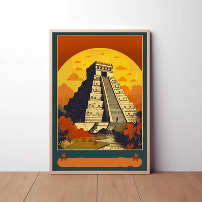 Mexico Chichen Itza Pyramid Sunset Vintage Travel Poster