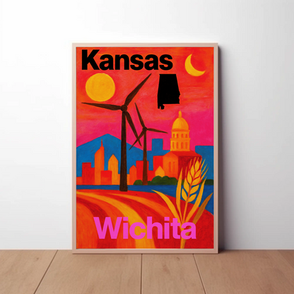 Wichita Kansas Skyline Retro Vintage Travel Poster