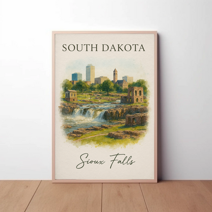 Sioux Falls South Dakota City Waterfall Vintage Travel Poster