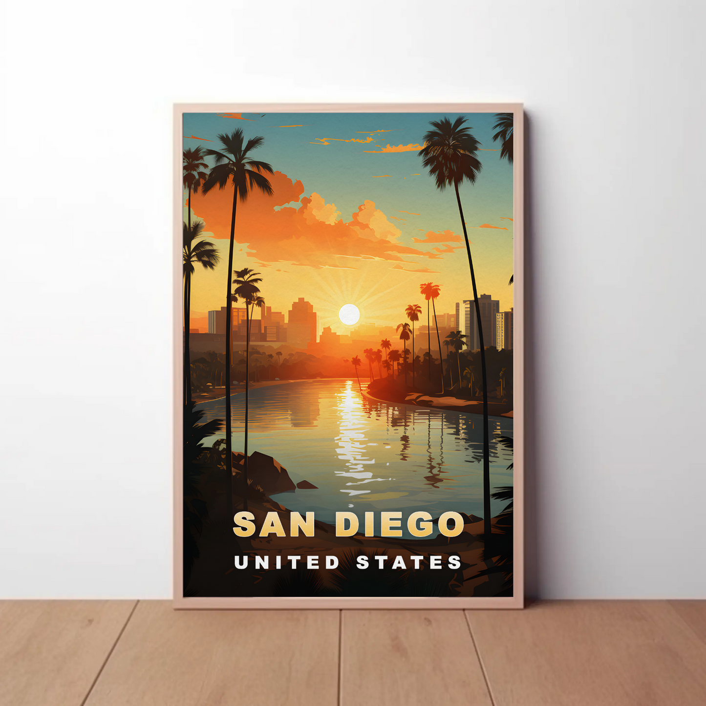San Diego California Coastline Sunset Palms Vintage Travel Poster