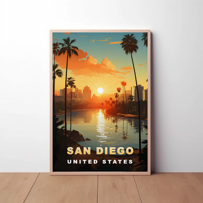 San Diego California Coastline Sunset Palms Vintage Travel Poster