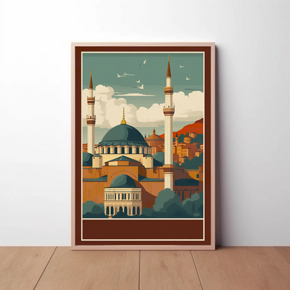 Turkey Mosque Minarets Hillside Sunset Vintage Travel Poster