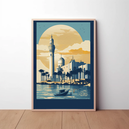 Mosque And Minaret Coastal Scene Vintage Travel Poster