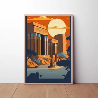 Egyptian Ruins Sunlit Columns River Vintage Travel Poster