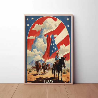 Texas Cowboys Horses Flag Desert Vintage Travel Poster