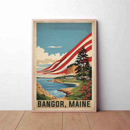 Bangor Maine Coastal Cliffside Vintage Travel Poster